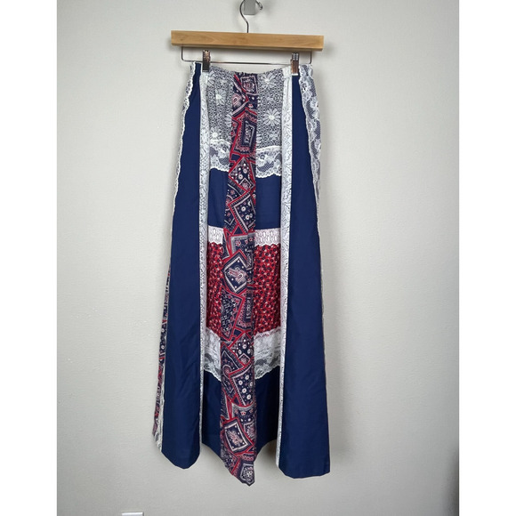 VTG 70s Patchwork Prairie Maxi Skirt S/M Red White Blue Lace Boho Cottagecore - Picture 2 of 5